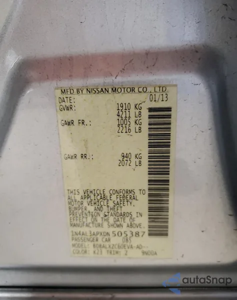 2013 Nissan Altima 2.5 z USA, uszkodzony, nr VIN 1N4AL3APXDN505387